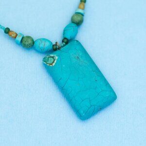 17 inch, Vintage Stone Blue Rectangular Pendant Stylish Beads Necklace - N30